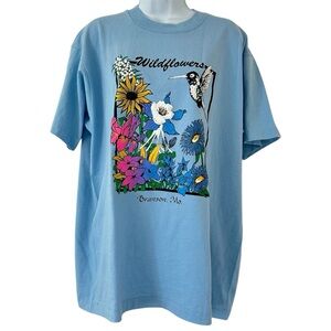 VINTAGE 90s Blue Wildflowers Graphic T-Shirt Single Stitch USA SIze XL